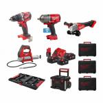 MILWAUKEE® - PACK AGRICOLE 4 OUTILS M18™ PERCEUSE / MEULEUSE / BOULONNEUSE / POMPE À GRAISSE + 4 BATTERIES, CHARGEUR RAPIDE ET TROLLEY PACKOUT